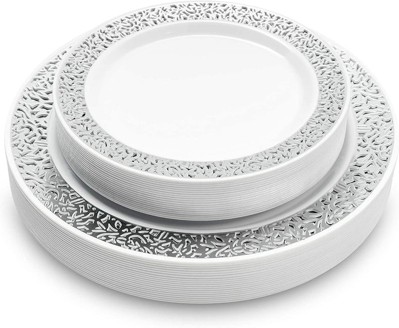 MATANA 40 Sliver Plastic Plates with White & Silver Lace Trim - 20 Dinner Plates 10.25" Inch, 20 Salad Dessert Appetizer Plates 7" Inch - Heavy Duty, Elegant, Reusable for Parties, Wedding & Events - Image 1
