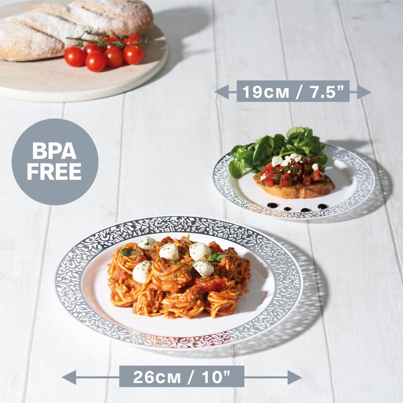 MATANA 40 Sliver Plastic Plates with White & Silver Lace Trim - 20 Dinner Plates 10.25" Inch, 20 Salad Dessert Appetizer Plates 7" Inch - Heavy Duty, Elegant, Reusable for Parties, Wedding & Events - Image 4