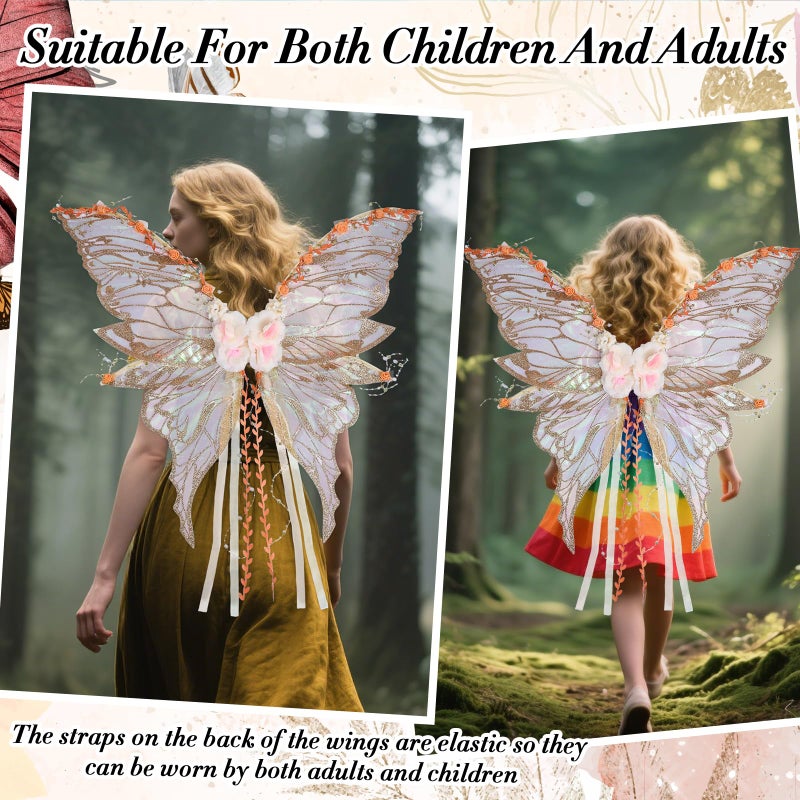 RENEMEGO Fairy Wings Adult Women - Fairy Costume Butterfly Wings with Champagne Flowers and Beaded Tassel Woodland Elf Wings Renaissance Renfaire Halloween Christmas Cosplay Photoshoot Accessories - Image 4