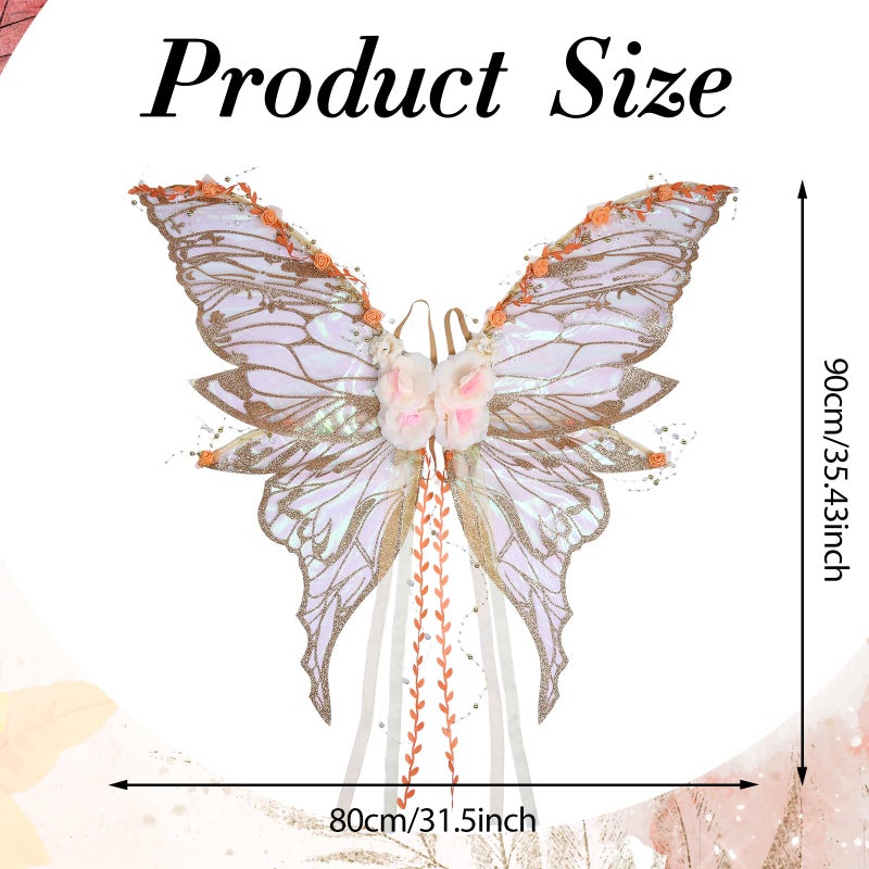 RENEMEGO Fairy Wings Adult Women - Fairy Costume Butterfly Wings with Champagne Flowers and Beaded Tassel Woodland Elf Wings Renaissance Renfaire Halloween Christmas Cosplay Photoshoot Accessories - Image 5
