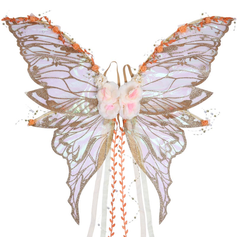 RENEMEGO Fairy Wings Adult Women - Fairy Costume Butterfly Wings with Champagne Flowers and Beaded Tassel Woodland Elf Wings Renaissance Renfaire Halloween Christmas Cosplay Photoshoot Accessories - Image 1