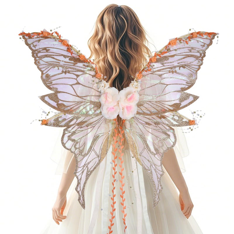 RENEMEGO Fairy Wings Adult Women - Fairy Costume Butterfly Wings with Champagne Flowers and Beaded Tassel Woodland Elf Wings Renaissance Renfaire Halloween Christmas Cosplay Photoshoot Accessories - Image 2