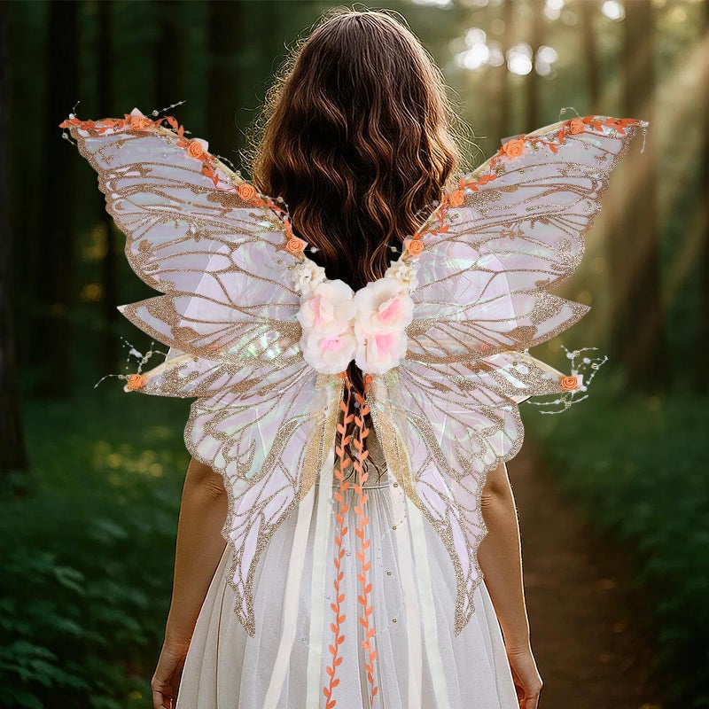 RENEMEGO Fairy Wings Adult Women - Fairy Costume Butterfly Wings with Champagne Flowers and Beaded Tassel Woodland Elf Wings Renaissance Renfaire Halloween Christmas Cosplay Photoshoot Accessories - Image 3