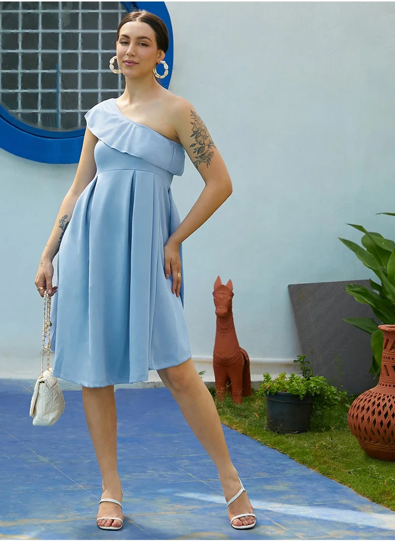 PINACOLADA Women's Sky Blue One-Shoulder Ruffle Dress
