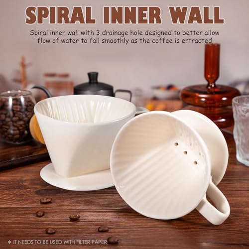 Noarixa Pour Over Coffee Dripper, Ceramic Pour Over Coffee Maker with 3 Holes Flat Bottom, Easy Manual Brew Maker, Porcelain Slow Filter Cone for Travel, Camping, Office, Home, WH - Image 5