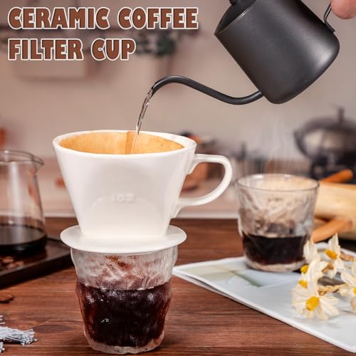 Noarixa Pour Over Coffee Dripper, Ceramic Pour Over Coffee Maker with 3 Holes Flat Bottom, Easy Manual Brew Maker, Porcelain Slow Filter Cone for Travel, Camping, Office, Home, WH - Image 4