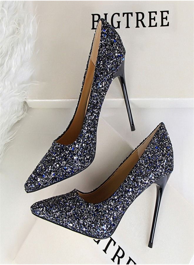 BIGTREE Pointed Glittering Sequins High Heels 9.5CM Blue 