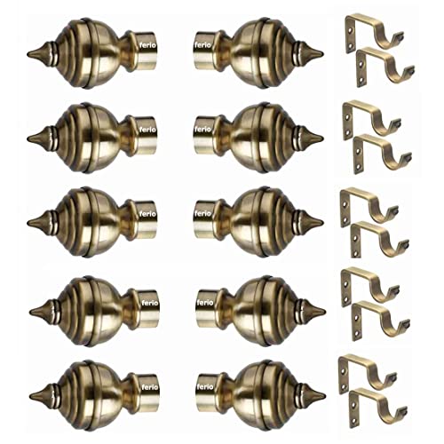 FERIO Stainless Steel Curtain Brackets and Curtain Finials for Door and Window Curtain Fitting Accessories Brass Antique (Curtain Rod Holder - 10 Pic and Finials - 10 Pic ) - Image 1