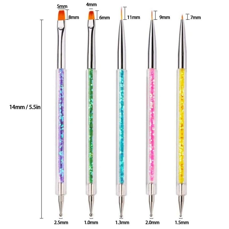 AIBEE Nail Art Brushes, 5pcs Double-Ended Acrylic Nail Brush Including 7/9/11mm Nail Liner Brush Flat Brushes and Nail Dotting Tools for Nail Art Design - Image 5