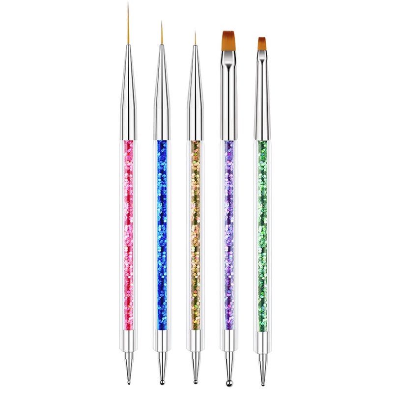 AIBEE Nail Art Brushes, 5pcs Double-Ended Acrylic Nail Brush Including 7/9/11mm Nail Liner Brush Flat Brushes and Nail Dotting Tools for Nail Art Design - Image 1