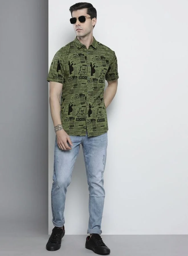 The Indian Garage Co Men Regular Fit Abstract Printed Half Sleeves Spread Collar Casual Shirt