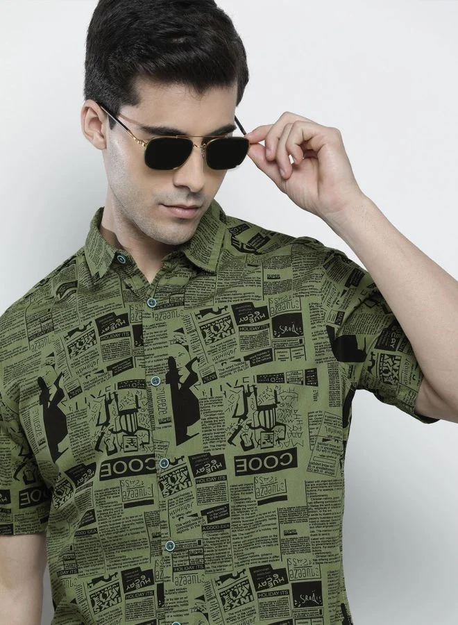 The Indian Garage Co Men Regular Fit Abstract Printed Half Sleeves Spread Collar Casual Shirt