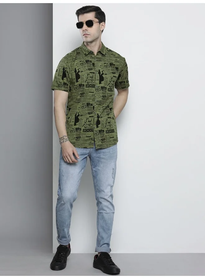 The Indian Garage Co Men Regular Fit Abstract Printed Half Sleeves Spread Collar Casual Shirt