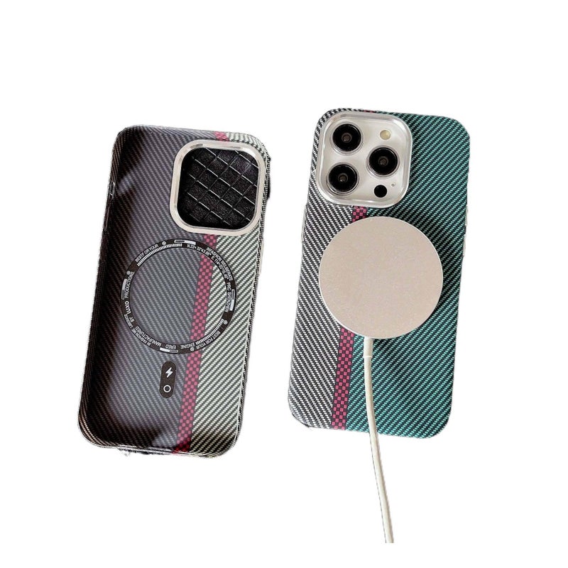 MS غطاء MagSafe بPC لـ iPhone 14 / 14 Plus / 14 Pro / 14 Pro Max مع نسيج كيفلار ومغناطيس قوي مع مقاوم للصدمات مع حماية من السقوط مع مقاوم لبصمات الأصابع باللون Brown Yellow Stripes م. - Image 4