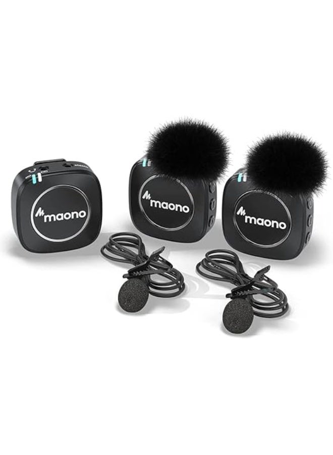Maonocaster AU-WM820A2 Dual-Person Compact Wireless Lavalier Microphone 2.4GHz with Real-time Monitoring and 22-Level Gain Adjustment for Interview, Vlogging, Live Streaming, Phone, Camera - Black