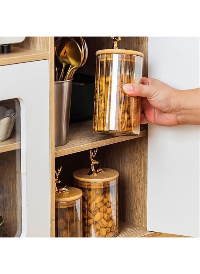 طقم توابل غزاله 3 قطع 540ملي ، برطمانات زجاجية شفافة مزخرفة بغطاء غزال ذهبي بتصميم عصري، علب تخزين مطبخ كهرماني مع أغطية خشب بامبو محكمة الغلق، مثالية لتخزين التوابل والقهوة والشاي والحبوب والمكسرات والمعكرونة والبسكويت - Image 3