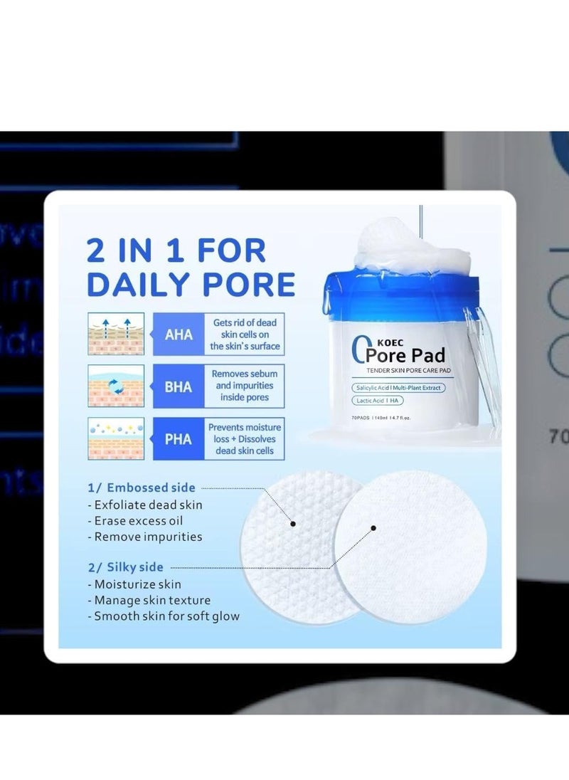 KOEC - Zero Pore Pad, Tender Skin Care, 70 Pads, Transform your skincare routine with these innovative pore care pads,140ml, with Salicylic Acid and Lactic Acid - Image 1