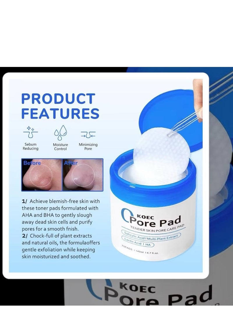 KOEC - Zero Pore Pad, Tender Skin Care, 70 Pads, Transform your skincare routine with these innovative pore care pads,140ml, with Salicylic Acid and Lactic Acid - Image 1