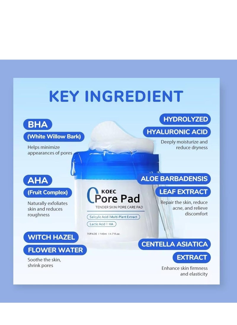 KOEC - Zero Pore Pad, Tender Skin Care, 70 Pads, Transform your skincare routine with these innovative pore care pads,140ml, with Salicylic Acid and Lactic Acid - Image 1