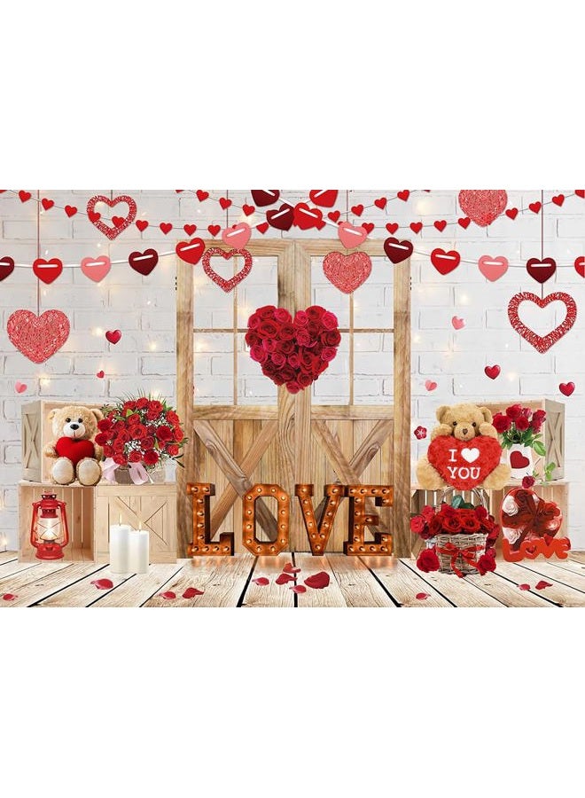 CYLYH 7x5ft Valentine's Day Backdrop Rustic Wood Door Backdrop Red Love Heart Backdrops Valentine's White Brick Wall Backdrop Mother's Day Backdrops Party Bridal Shower Kid Birthday Party Banner D850 - Image 1