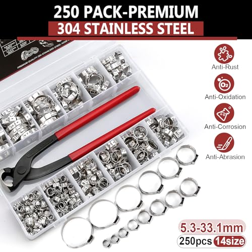 Hydencamm 250PCS 14 Sizes Single Ear Hose Clamp, 5.3-33.1mm 304 Stainless Steel Ear Clamp Kit with Ear Clamp Pincer, Stepless Hose Clamps Cinch Rings for Automotive, Home Appliance Line and Plumbing - Image 3