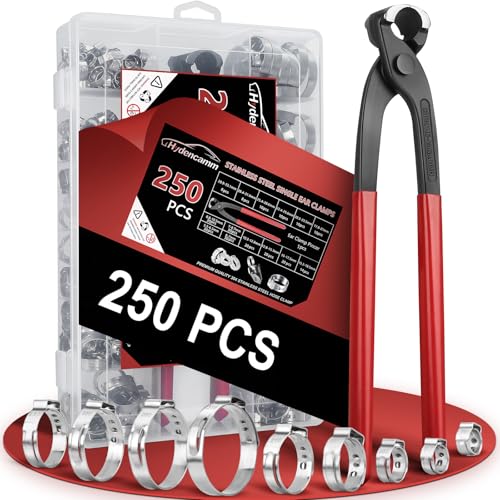 Hydencamm 250PCS 14 Sizes Single Ear Hose Clamp, 5.3-33.1mm 304 Stainless Steel Ear Clamp Kit with Ear Clamp Pincer, Stepless Hose Clamps Cinch Rings for Automotive, Home Appliance Line and Plumbing - Image 1