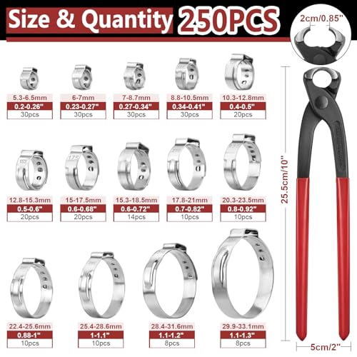 Hydencamm 250PCS 14 Sizes Single Ear Hose Clamp, 5.3-33.1mm 304 Stainless Steel Ear Clamp Kit with Ear Clamp Pincer, Stepless Hose Clamps Cinch Rings for Automotive, Home Appliance Line and Plumbing - Image 5