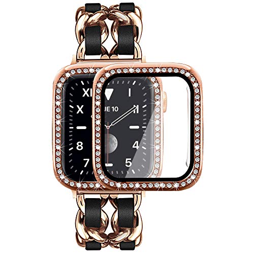 Mosonio Compatible for Apple Watch Band 46mm with Screen Protector Case Women Jewelry Metal Chain with 2Pack Bling Cover for iWatch Series 11 10Rose Gold Link with Black Leather - Image 1
