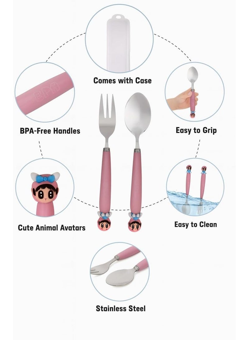 BrainGiggles Arcade Adventure Kids Cutlery Set with Case - 2-Piece Stainless Steel BPA Free Cutlery Set Includes Spoon, Fork and Case for Lunch Box, Picnic and Travel (Pink) - Image 3