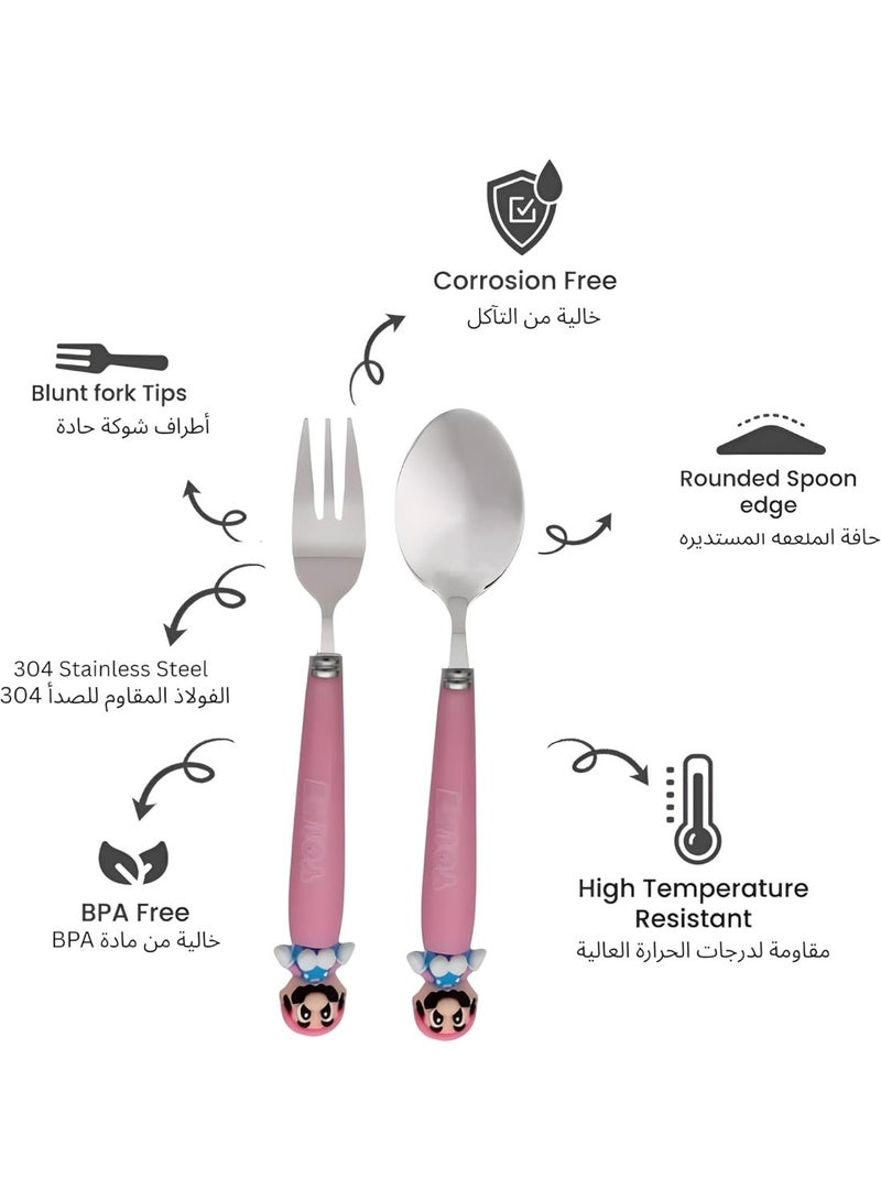 BrainGiggles Arcade Adventure Kids Cutlery Set with Case - 2-Piece Stainless Steel BPA Free Cutlery Set Includes Spoon, Fork and Case for Lunch Box, Picnic and Travel (Pink) - Image 4