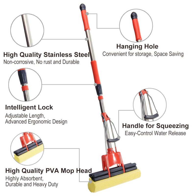 TRIVYOM Floor Cleaning Squeeze Mop with Adjustable Telescopic Handle Squeegee Absorber Sponge Mop for Home Kitchen Stainless Steel 1 - Image 2