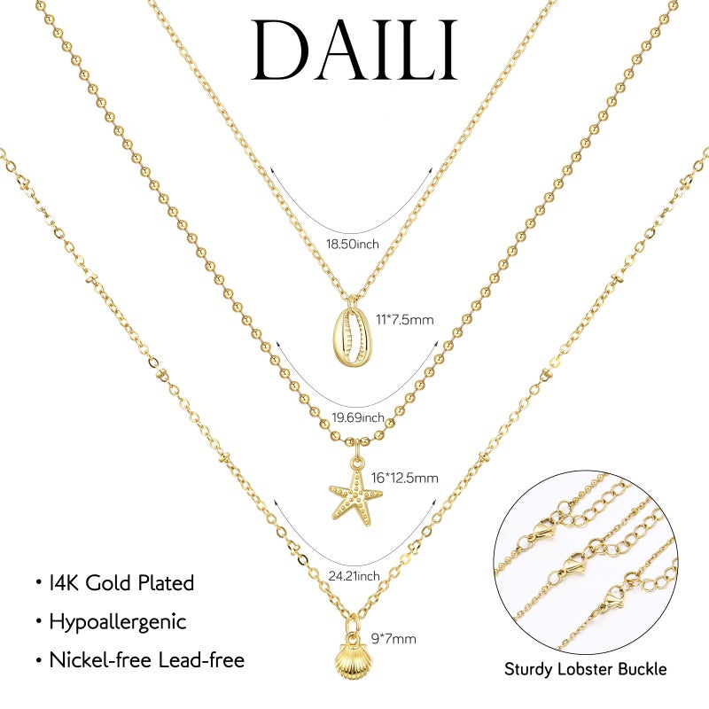 DAILI Layered Gold Shell Necklaces for Women, 14K Gold Starfish Conch SeaShell Stackable Charm Choker Necklace,Non Tarnish Adjustable Stainless Steel Chain Stack Jewelry for Summer Beach Vacation - Image 2