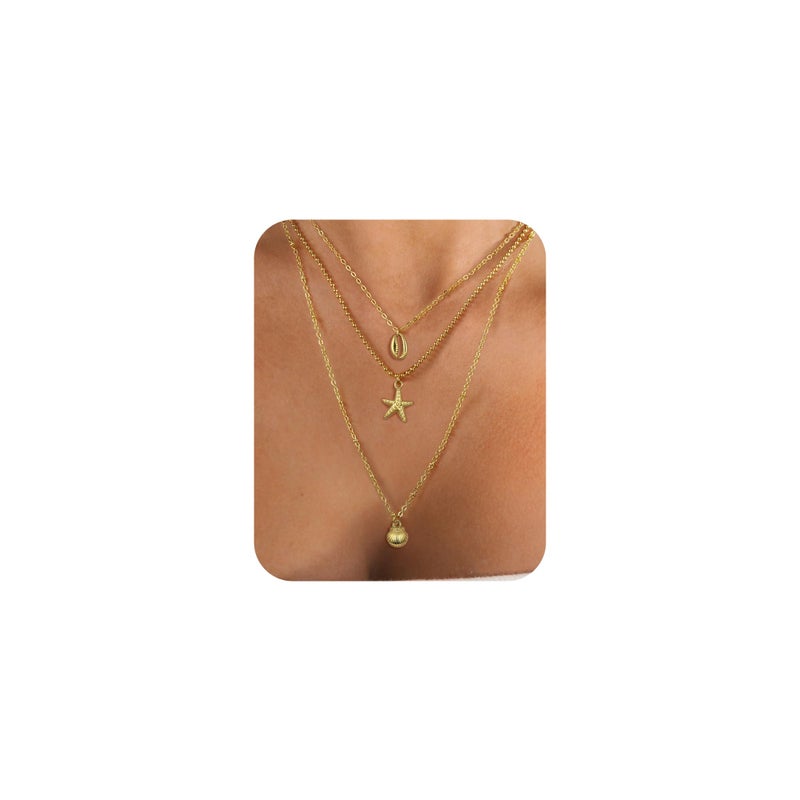 DAILI Layered Gold Shell Necklaces for Women, 14K Gold Starfish Conch SeaShell Stackable Charm Choker Necklace,Non Tarnish Adjustable Stainless Steel Chain Stack Jewelry for Summer Beach Vacation - Image 1