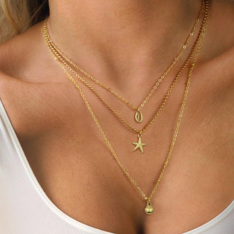 DAILI Layered Gold Shell Necklaces for Women, 14K Gold Starfish Conch SeaShell Stackable Charm Choker Necklace,Non Tarnish Adjustable Stainless Steel Chain Stack Jewelry for Summer Beach Vacation - Image 4