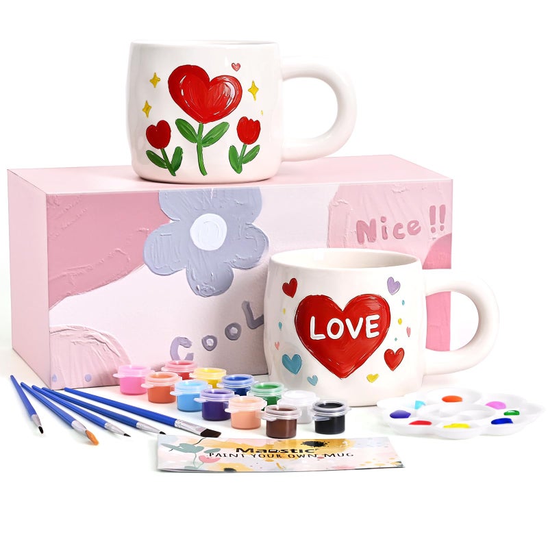 Maustic Mug Painting Kit, Paint Your Own Mug Kit, 2 Pcs Ceramic Mugs to Paint, Mothers Day Fathers Day Valentine's Day DIY Gift Kits, Includes 2 Paintable Mugs 13 Oz, Paints, Brushes - Image 1