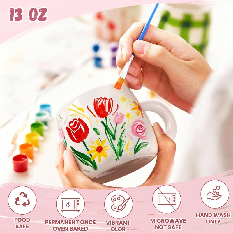 Maustic Mug Painting Kit, Paint Your Own Mug Kit, 2 Pcs Ceramic Mugs to Paint, Mothers Day Fathers Day Valentine's Day DIY Gift Kits, Includes 2 Paintable Mugs 13 Oz, Paints, Brushes - Image 5
