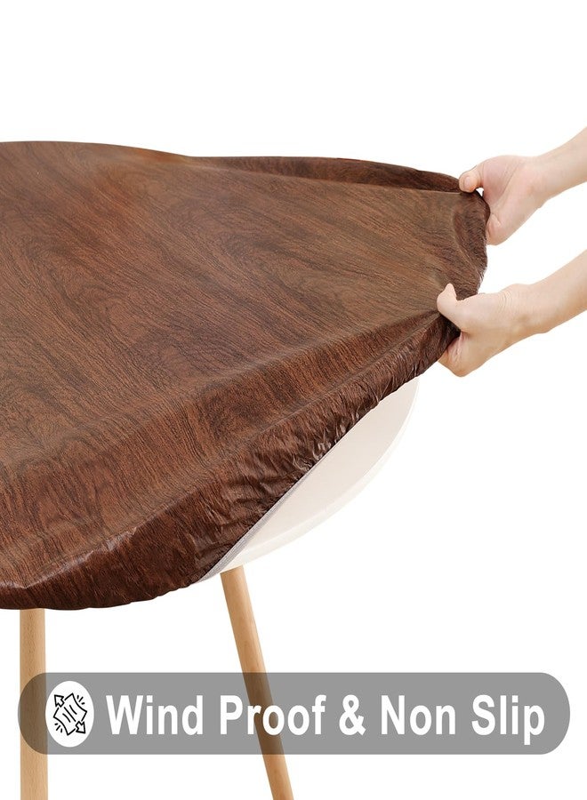 smiry مفرش طاولة سميري دائري للنزهات، مقاوم للماء، مزود بمطاط ملائم للطاولات بمقاس 57-68 بوصة، مفارش طاولة من الفينيل قابلة للمسح بظهر من الفلانيل للتخييم، للاستخدام الداخلي والخارجي، بني - Image 3