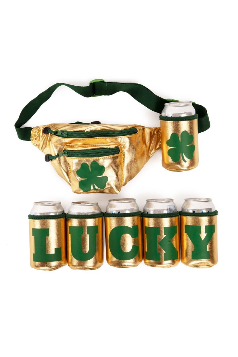Tipsy Elves St Patrickâ€™s Day Lucky Gold Fanny Pack W/ 6 Drink Holders - Festive Gold and Green Belt Bag - Multiple Secure Zipper Pocket Waist Bag - Image 1