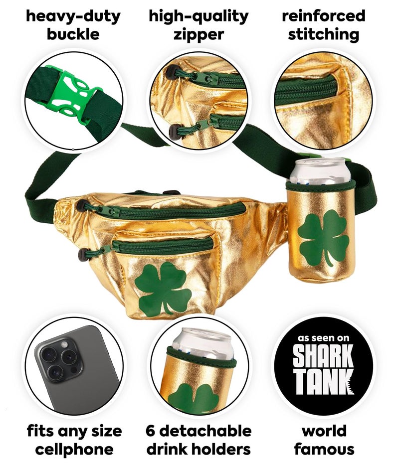 Tipsy Elves St Patrickâ€™s Day Lucky Gold Fanny Pack W/ 6 Drink Holders - Festive Gold and Green Belt Bag - Multiple Secure Zipper Pocket Waist Bag - Image 2