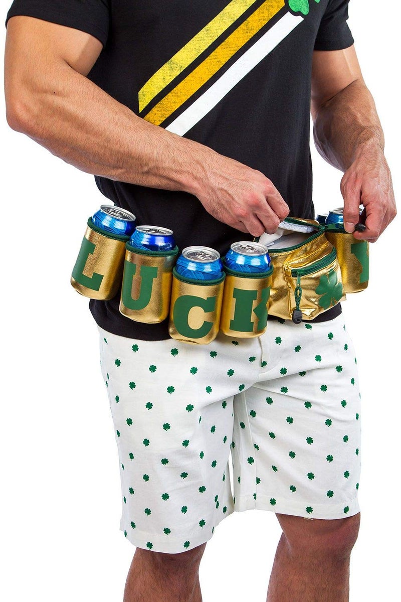 Tipsy Elves St Patrickâ€™s Day Lucky Gold Fanny Pack W/ 6 Drink Holders - Festive Gold and Green Belt Bag - Multiple Secure Zipper Pocket Waist Bag - Image 3