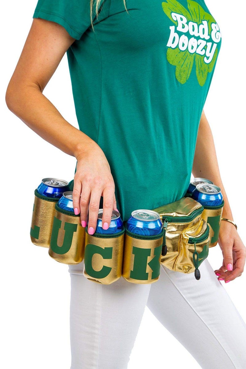 Tipsy Elves St Patrickâ€™s Day Lucky Gold Fanny Pack W/ 6 Drink Holders - Festive Gold and Green Belt Bag - Multiple Secure Zipper Pocket Waist Bag - Image 4
