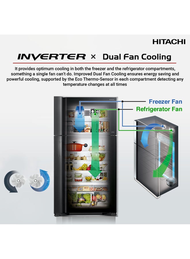 HITACHI 760L Gross, Net 540L, Side By Side 4 Doors Premium Refrigerator, 10 Year Warranty on Inverter Compressor, No Frost Fridge, Dual Fan Cooling, Movable Twist Ice Tray RW760PUK74GBK Glass Black 760 L RW760PUK74GBK Glass Black - Image 3