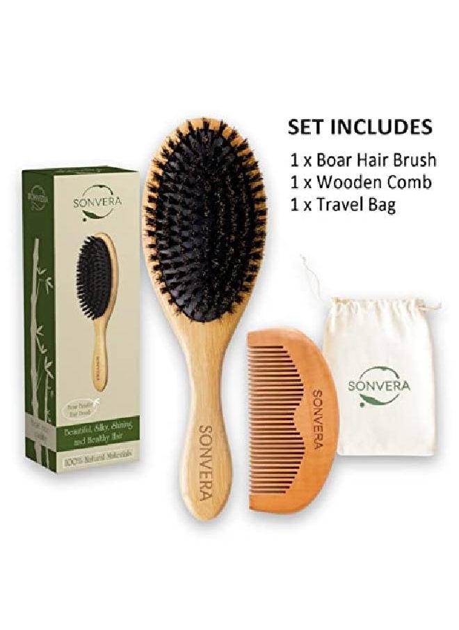 Sonvera - Boar Bristle Hair Brush For Men Natural Hair Brushes For Women Pure Boar Bristle Brush Mens Hair Brush Set Boars Hair Brush Oval Wooden Bore Bamboo Hairbrush Adds Shine Fine Soft Thin Hair - Image 1