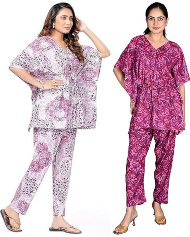 Vlazom Women's 100% Cotton Printed Kaftan & Pyjama Set – Combo Pack of 2 | Free Size Nightwear with Pocket | Soft Cotton Loungewear Co-ord for Women (Rani&Rani, Free Size) - Image 1