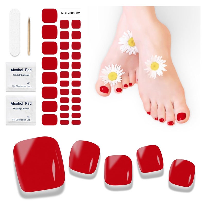 DUKASOU Semi Cured Gel Pedicure Strips | 32pcs (K Red) Gel Toenail Stickers Full Nail Wraps for Women Girls Works with Any UV Lamps