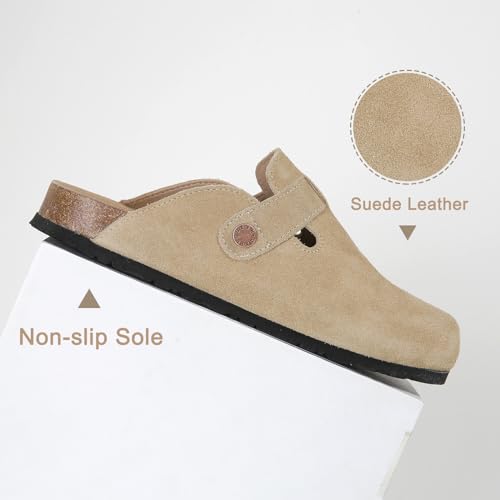 Dumalum Clogs for Women Mens Suede Leather Slip on Shoes Cork Footbed Mules Sandals with Arch Support Unisex Slippers Khaki - Image 4