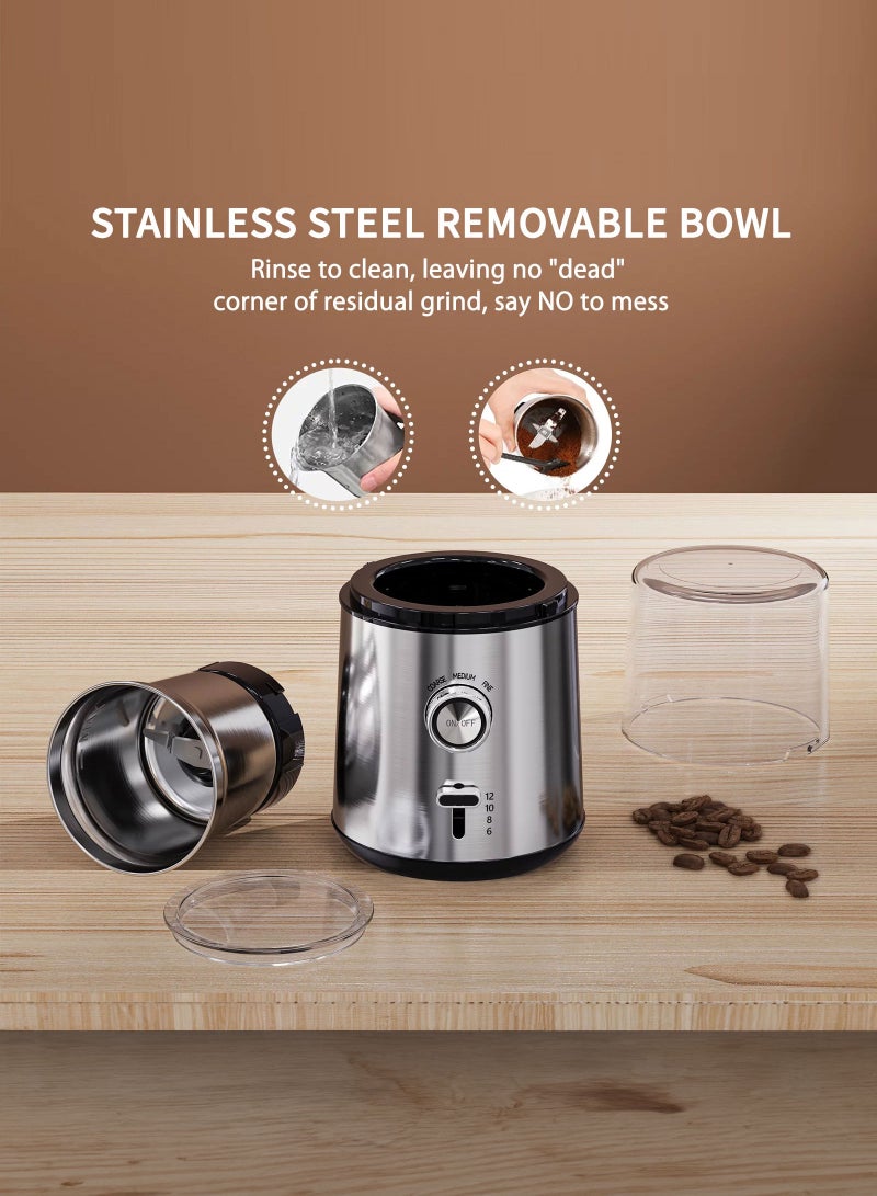 سيتا المطحنة الكهربائية القابلة للتعديل للقهوة، مطحنة حبوب القهوة، مطحنة التوابل، مطحنة الإسبريسو، مطحنة الأعشاب، تصل إلى 12 كوبًا، مع شفرتين من الفولاذ المقاوم للصدأ، وعاء قابل للإزالة - Image 5