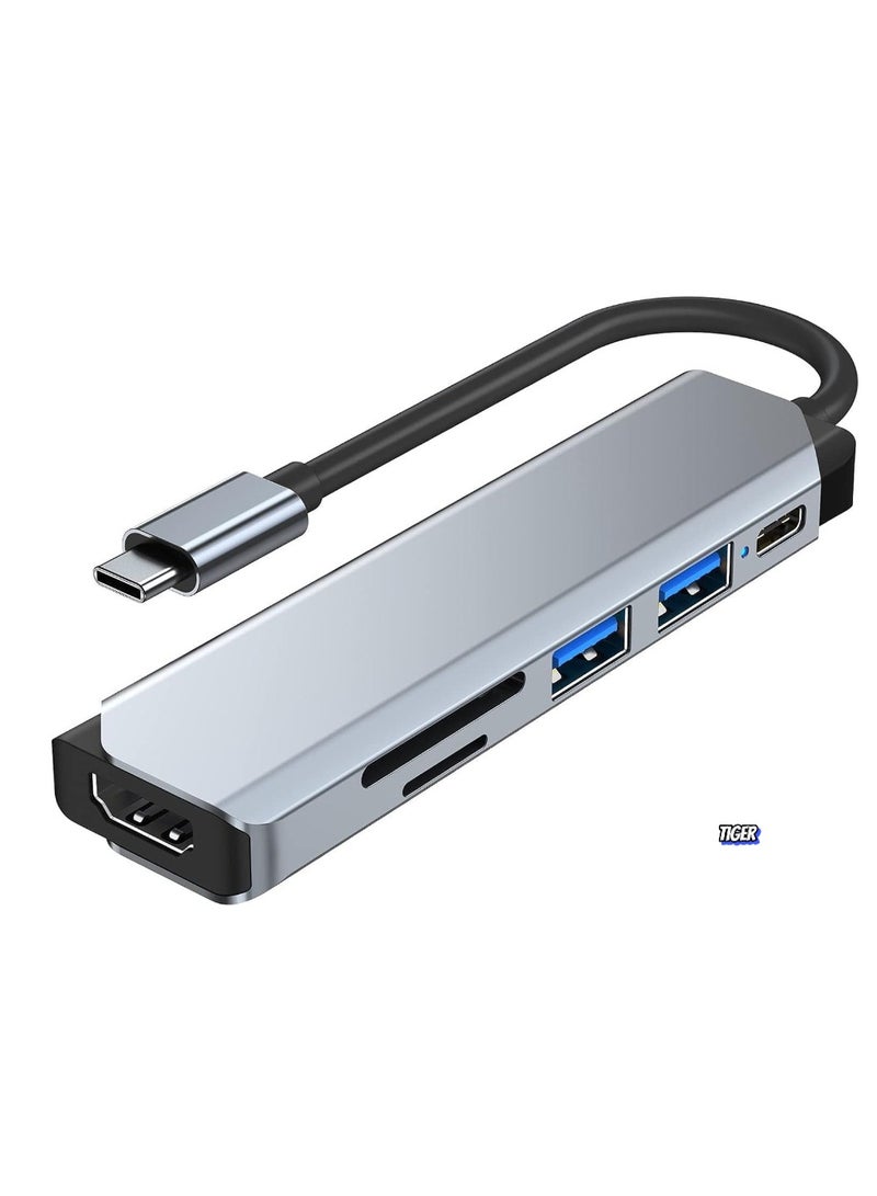 TIGER 6-in-1 USB C Hub Adapter, Multiport Docking Station with USB 3.0, USB 2.0, SD/TF Card Readers, USB-C Ports for MacBook Pro, Laptops, Smartphones & More  - Image 1