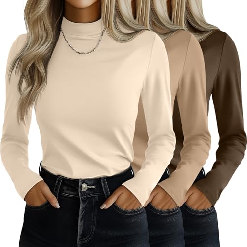 Ficerd 3 Pack Womens Mock Turtleneck Shirts Long Sleeve Mock Neck Pullover Tops Slim Fitted Stretch Undershirt Tee BlouseApricot Khaki BrownSmall - Image 1