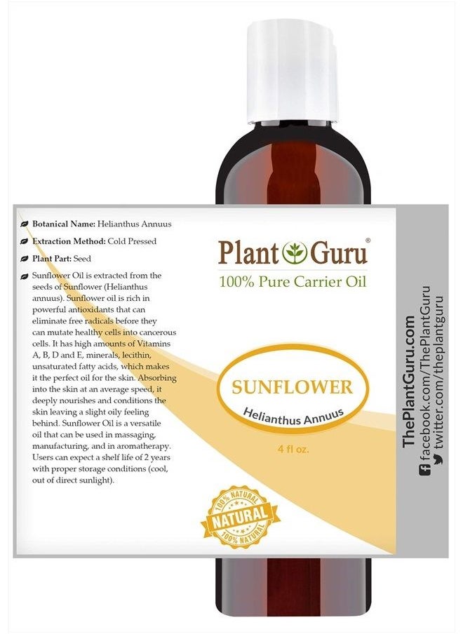 Plant Guru - Sunflower Oil 4 oz Cold Pressed Carrier 100% Pure Natural For Skin, Body, Face, and Hair Growth Moisturizer. Great For Creams, Lotions, Lip balm and Soap Making - Image 1